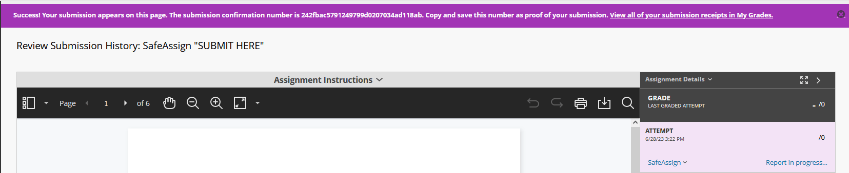 Purple bar at top with confirmation code