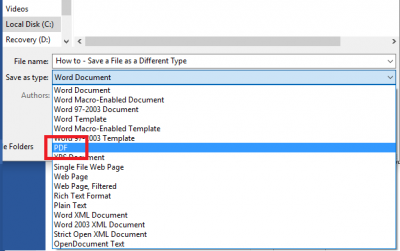 select pdf as file type in word